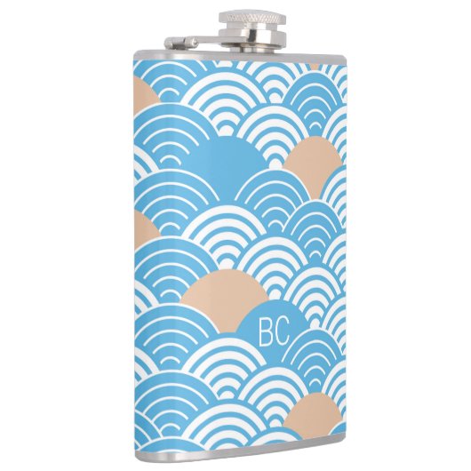Japanese Waves Pattern Light Blue Beige Monograms Flachmann (Rechts)
