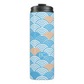 Japanese Waves Pattern Light Blue Beige Monograms Thermosbecher (Vorderseite)