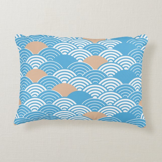 Japanese Waves Pattern Light Blue Beige White  Dekokissen (Rückseite)