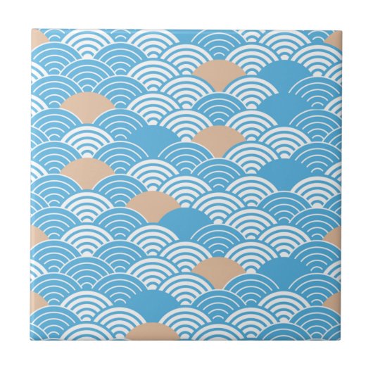 Japanese Waves Pattern Light Blue Beige White Fliese (Vorderseite)