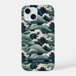 Japanese Waves Print Monogrammed iPhone 15 Hülle