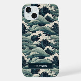 Japanese Waves Print Monogrammed iPhone 15 Plus Hülle