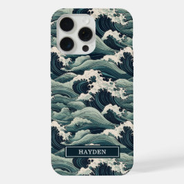 Japanese Waves Print Monogrammed iPhone 15 Pro Max Hülle