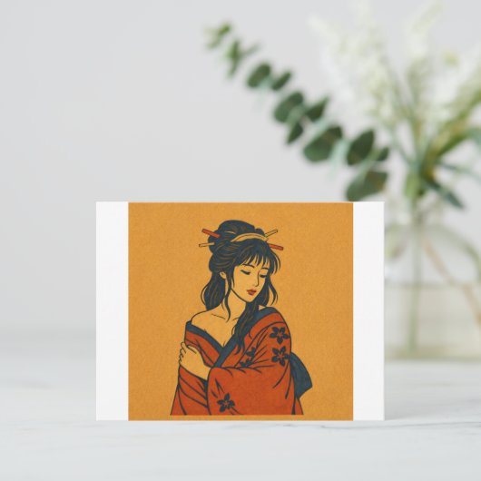 Japanese Woodblock Style Woman in Kimono – Elegant Postkarte (Stehend Vorderseite)