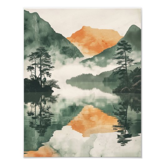 Japaneses Art - Misty Mountain Lake Reflection Fotodruck (Vorne)