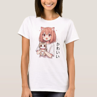 Japanisch Anime Niedlich Girl and Cat T-Shirt