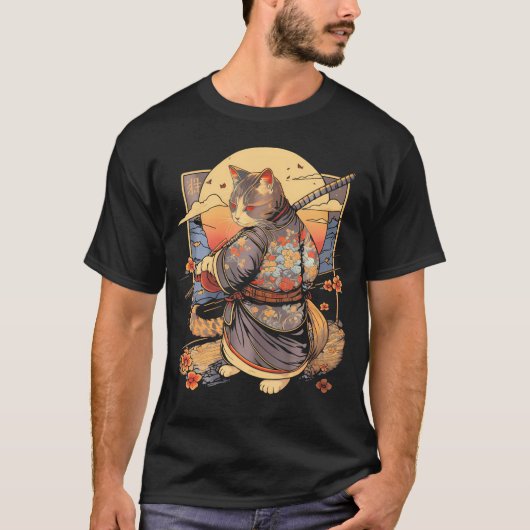 Japanisch Art Cat Ninja Ukiyo-E Anime Samurai Cat T-Shirt (Vorderseite)