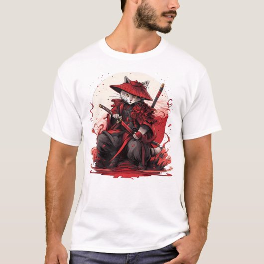 Japanisch Art Cat Ninja Ukiyo-e Anime Style Samura T-Shirt (Vorderseite)