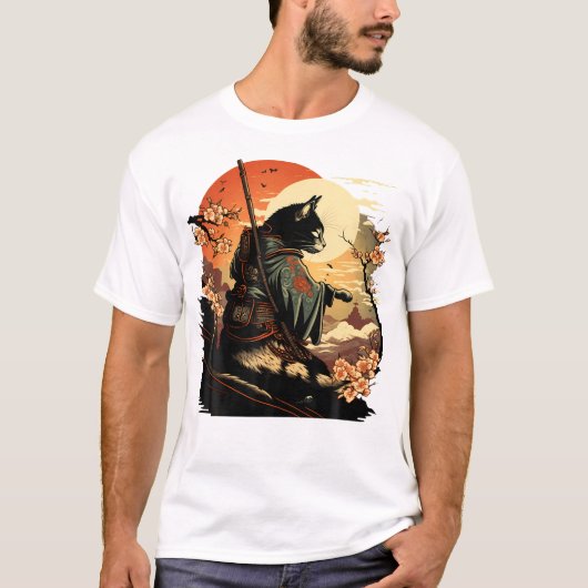 Japanisch Art Cat Ninja Ukiyo-e Anime Style Samura T-Shirt (Vorderseite)