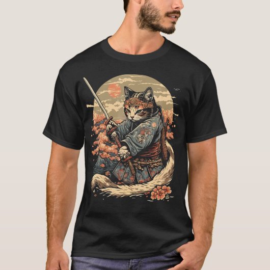 Japanisch Art Cat Ninja Ukiyo-E Anime Style Samura T-Shirt (Vorderseite)