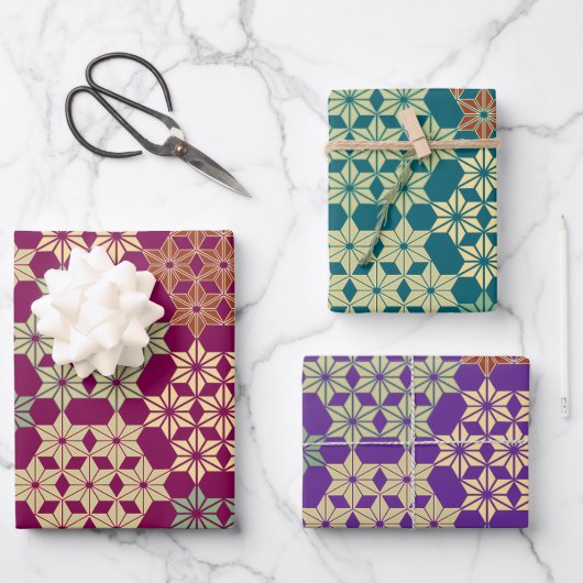Japanisch Asanoha Mix Pattern Geschenkpapier Set (Vorderseite)