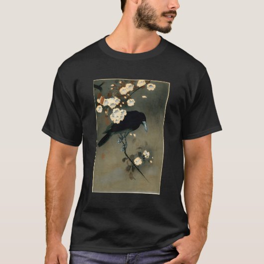 Japanisch Ästhetische Crow Cherry Blossom Woodbloc T-Shirt (Vorderseite)
