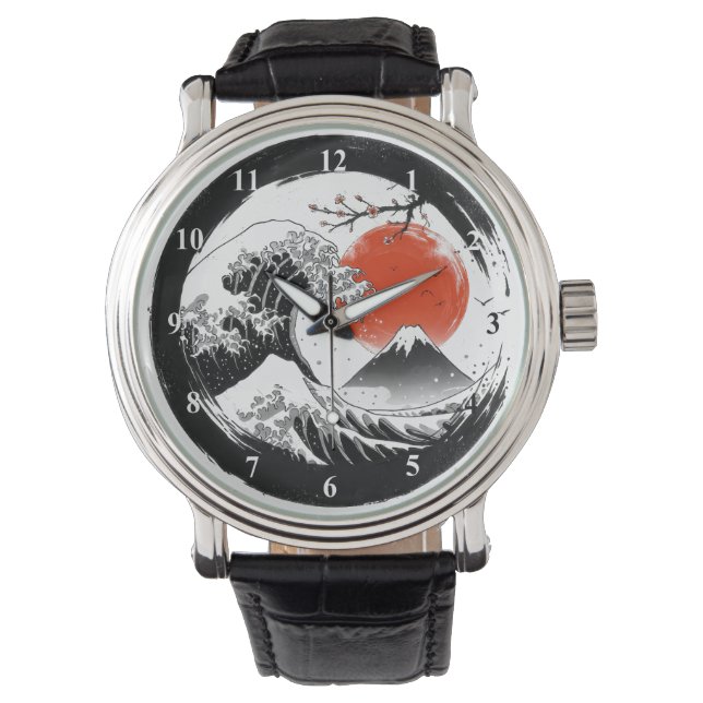 Japanisch Die Große Welle, Fuji, Sakura Armbanduhr (Vorderseite)