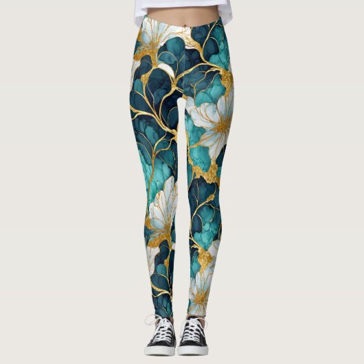 Japanisch Floral Aquamarin Blue Gold Leggings (Vorderseite)