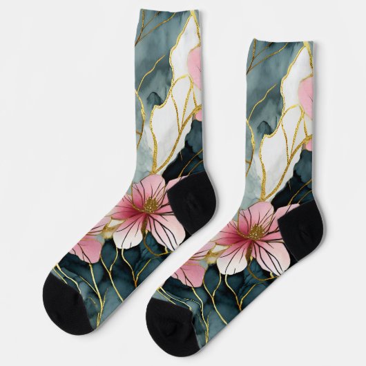 Japanisch Floral Pink Gold Socken (Linkes Detail)