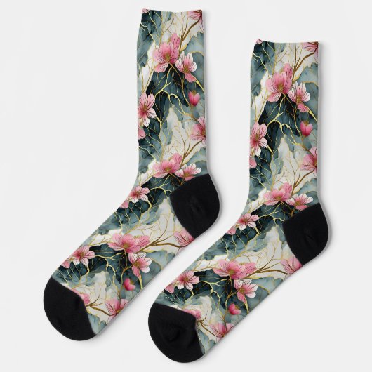 Japanisch Floral Pink Gold Socken (Linkes Detail)