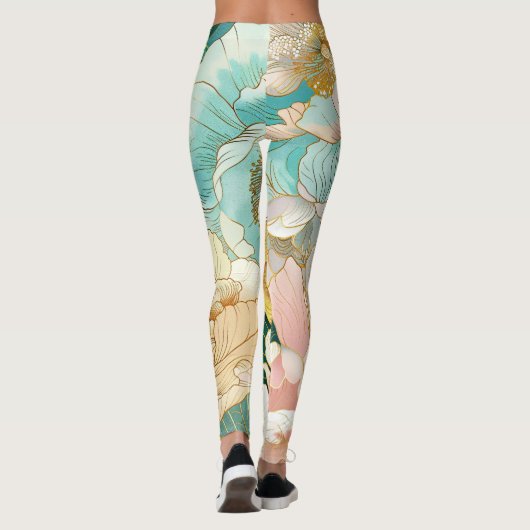 Japanisch Floral Turquoise Gold Leggings (Rückseite)