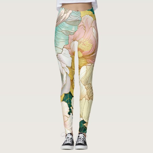 Japanisch Floral Turquoise Gold Leggings (Vorderseite)