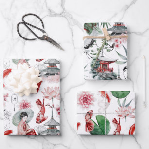 Japanisch Geisha Koi und Temple Watercolor Geschenkpapier Set