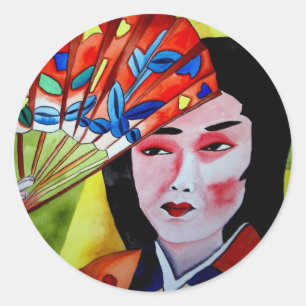 japanisch Geisha mit originaler Kunst in Aquarellf Runder Aufkleber