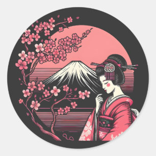Japanisch Geisha Mount Fuji Cherry Blossom Trees Runder Aufkleber