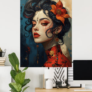Japanisch inspiriertes Frauenporträt-Kunstposter   Poster