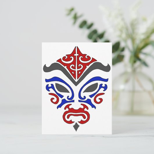 Japanisch Kabuki Maske Tribal Red Blue Makeup Postkarte (Stehend Vorderseite)