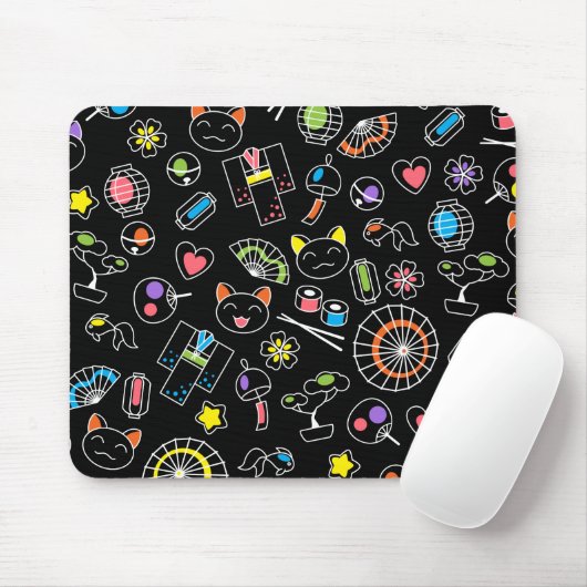 Japanisch Kawaii Kultur Doodles auf schwarz Mousepad (Mit Mouse)