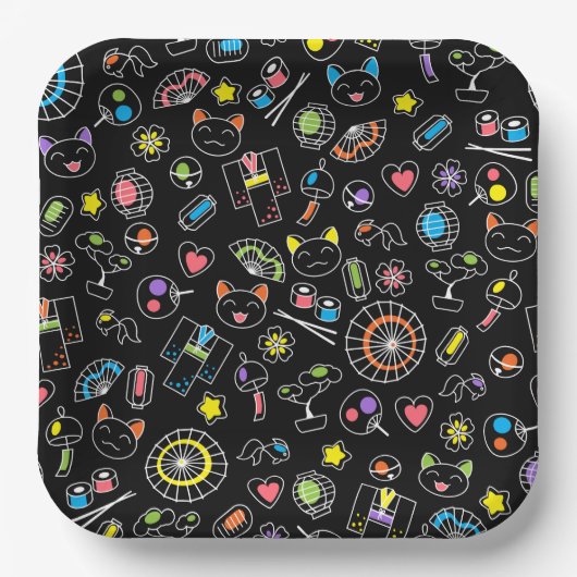 Japanisch Kawaii Kultur Doodles auf schwarz Pappteller (Vorderseite)