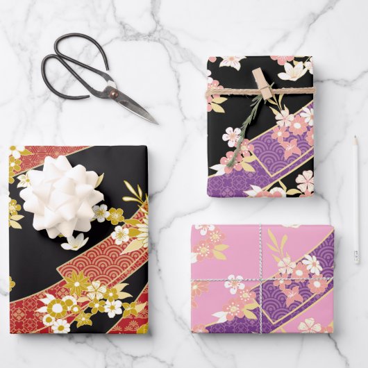Japanisch Kimono Mix Muster Geschenkpapier Set (Vorderseite)