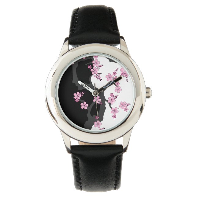 Japanisch Kimono Schwarz-Weiß-Rosa Sakura Armbanduhr (Vorderseite)