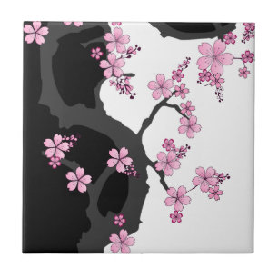Japanisch Kimono Schwarz-Weiß-Rosa Sakura Fliese