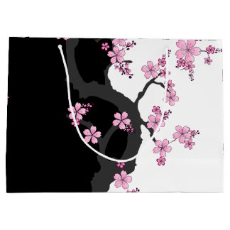 Japanisch Kimono Schwarz-Weiß-Rosa Sakura Große Geschenktüte