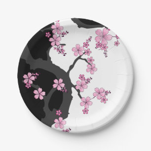 Japanisch Kimono Schwarz-Weiß-Rosa Sakura Pappteller