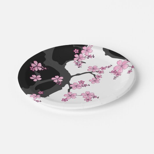 Japanisch Kimono Schwarz-Weiß-Rosa Sakura Pappteller (Schrägansicht)