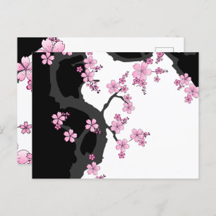 Japanisch Kimono Schwarz-Weiß-Rosa Sakura Postkarte