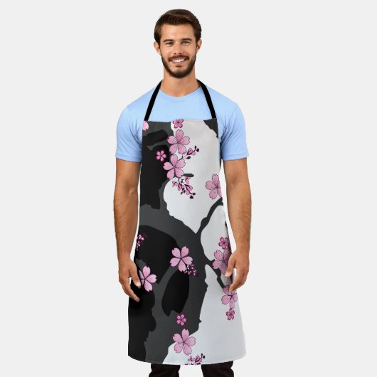 Japanisch Kimono Schwarz-Weiß-Rosa Sakura Schürze (Getragen)