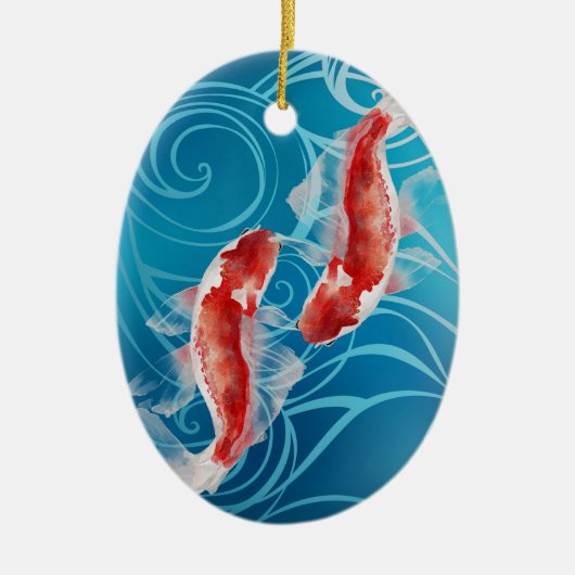 Japanisch Koi Fish Oriental Waves Paare Weihnachte Keramik Ornament (Vorne)