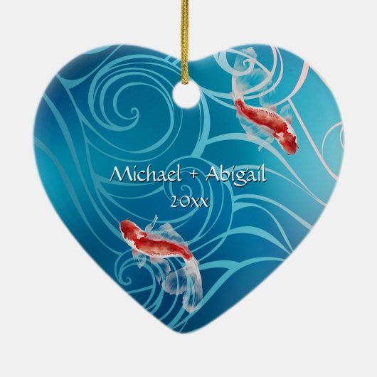 Japanisch Koi Fish Oriental Waves Paare Weihnachte Keramik Ornament (Hinten)