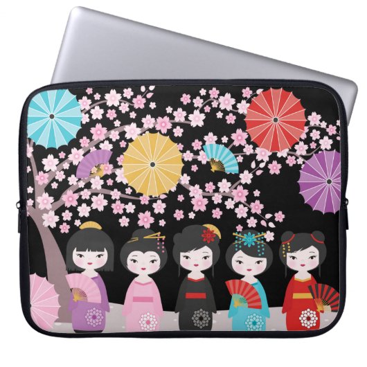 Japanisch Kokeshi Dolls Black Laptopschutzhülle (Vorderseite)
