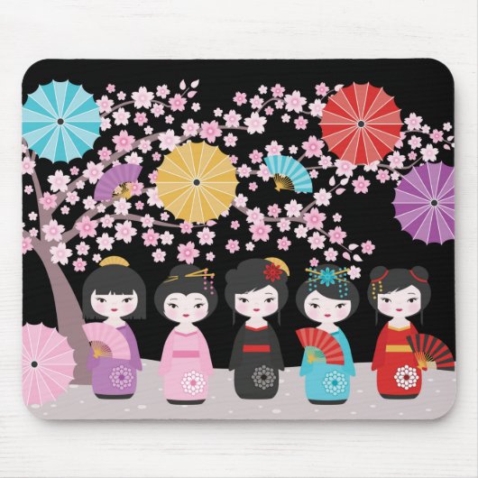 Japanisch Kokeshi Dolls Black Mousepad (Vorne)