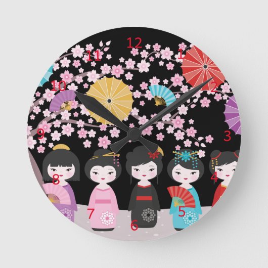 Japanisch Kokeshi Dolls Black Runde Wanduhr (Vorderseite)