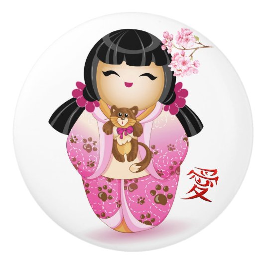 Japanisch Kokeshi Liebe Doll Keramikknauf (Vorderseite)