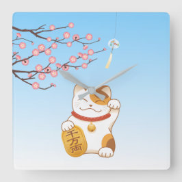 Japanisch Lucky Calico Cat, Maneki Neko Quadratische Wanduhr