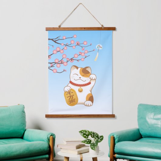 Japanisch Lucky Calico Cat, Maneki Neko Wandteppich Mit Holzrahmen (Wohnzimmer)