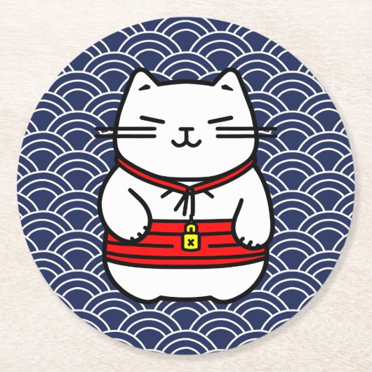 Japanisch Lucky Cat oder Maneki-Neko Runder Pappuntersetzer (Vorderseite)