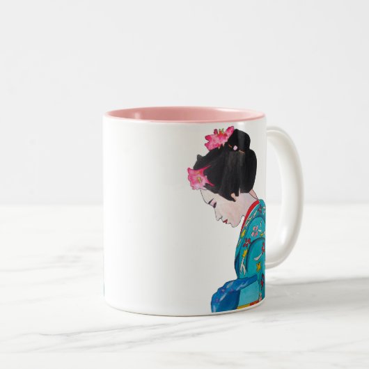 Japanisch niedliche Geisha mit Kirschblüte Zweifarbige Tasse (VorderseiteRechts)