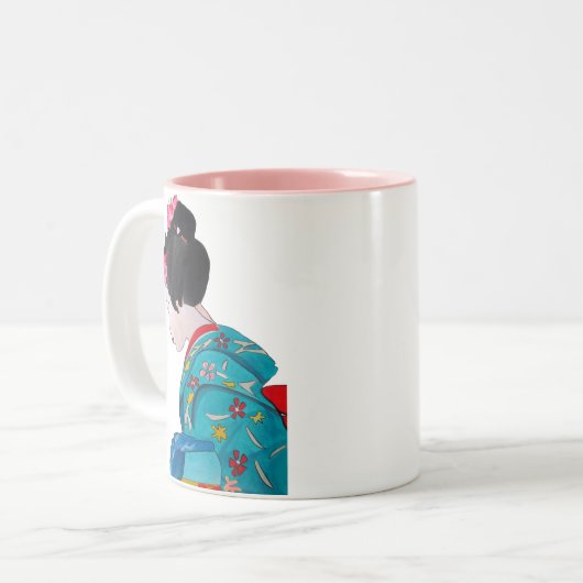 Japanisch niedliche Geisha mit Kirschblüte Zweifarbige Tasse (Vorderseite Links)