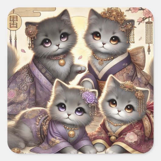 Japanisch Royal Gray Cats Quadratischer Aufkleber (Vorderseite)