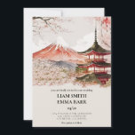 Japanisch Sakura Cherry Blossom Hochzeitseinladung Einladung<br><div class="desc">Diese Hochzeitseinladung zeigt eine japanische Landschaft einer traditionellen Struktur mit Sakura-Bäumen in der Nähe und einem Berg im Hintergrund. Die Farbpalette des Designs passt zu den traditionellen japanischen Farben der Sakura (Cherry Blossom).</div>